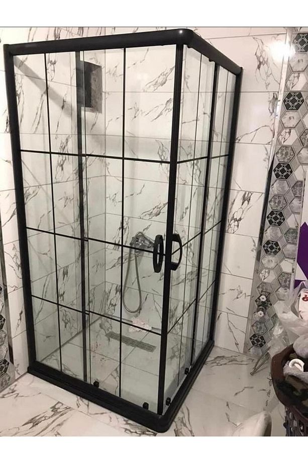 100x100 Teknesiz Siyah Profil Karolaj Desen Kare Duşakabin - 2