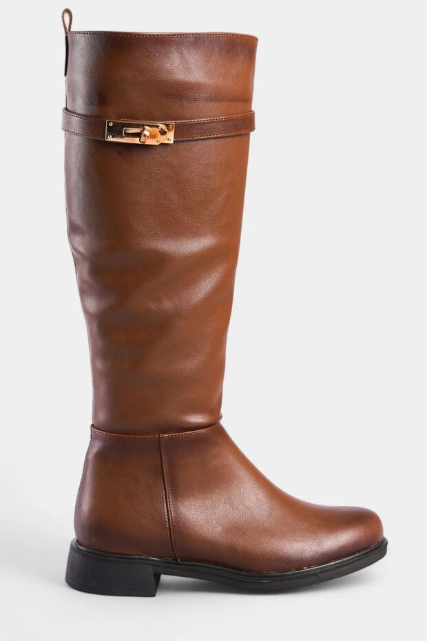 Tan Color Side Zipper Rubber Sole Buckle Round Toe Women's Boots