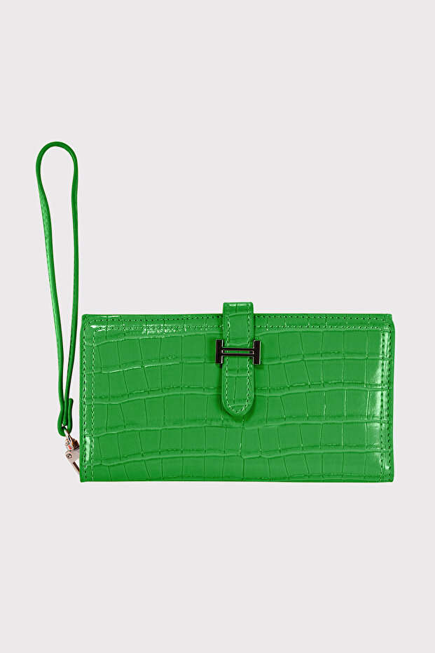 Astana Belt Buckle Zipper Wrist Strap Phone Compartment Croco Pattern Green Women's Wallet
