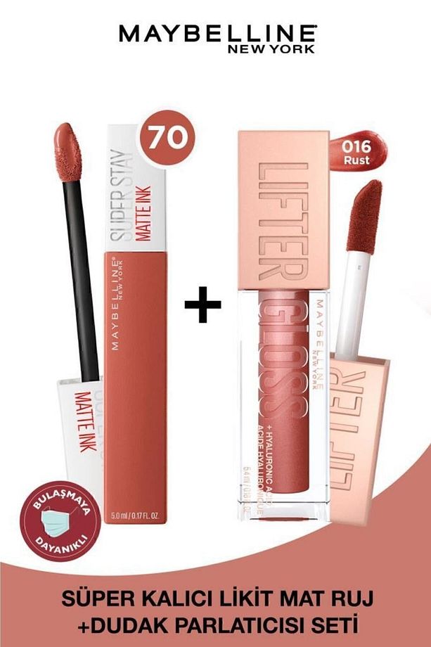 Super Stay Matte Ink Likit Mat Ruj 70 Amazonian & Lifter Gloss Dudak Parlatıcısı 016 Rust - 1