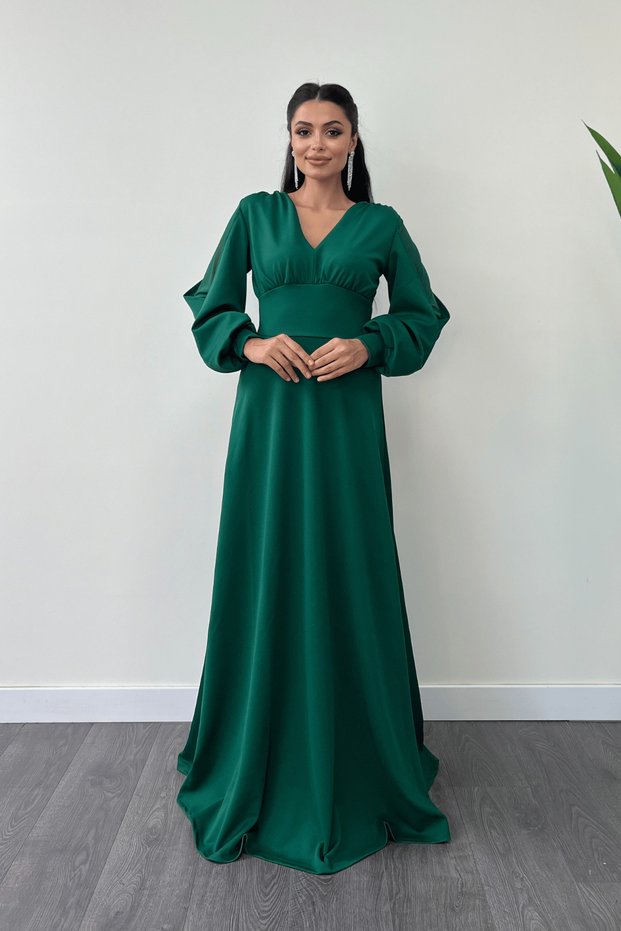 Crepe Fabric Sleeves Tulle Evening Dress - ZIMRUT GREEN