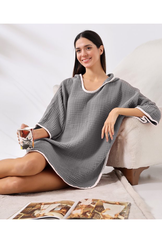 Dark Gray 4 Layer Muslin Hooded Adult Women's Poncho