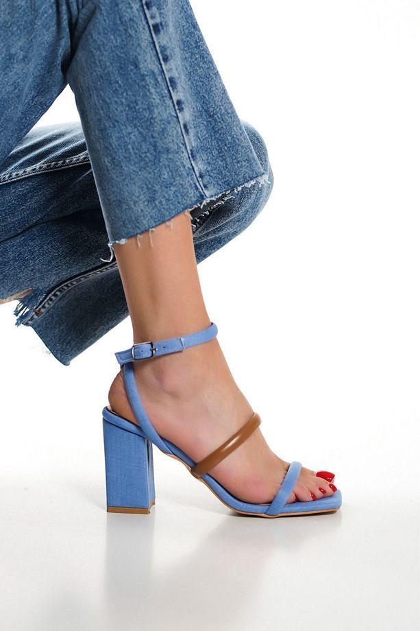 Mavi Denim Kahve Tek Bant Bilekten Bağlamalı Kadın Topuklu Ayakkabı - 1