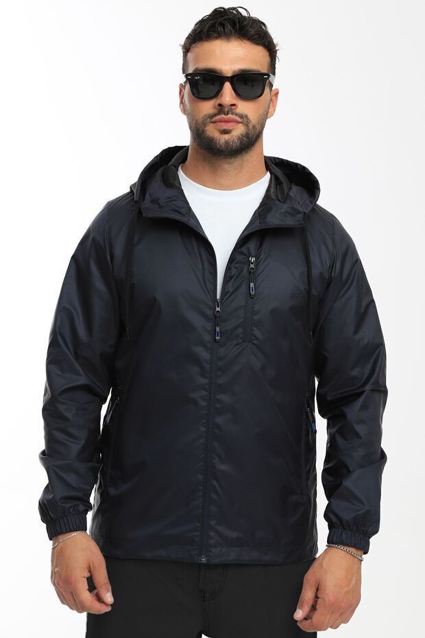 Men's Navy Blue Lined Wind Resistant Hooded Pocket Raincoat
