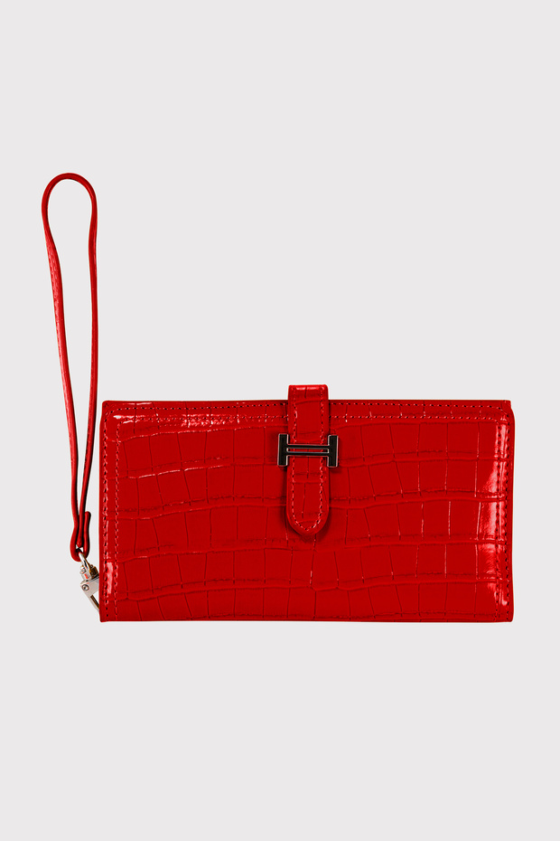Astana Belt Buckle Zipper Wrist Strap Phone Compartment Croco Pattern Red Women's Wallet
