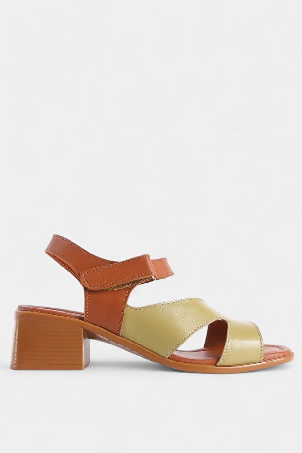 Green and Tan Genuine Leather Ankle Ankle-Tie Women's Heeled Shoes