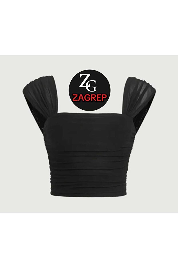 Women's Black Crop Bustier Gathered Draped Sleeves Silk Jersey Crop Bustier