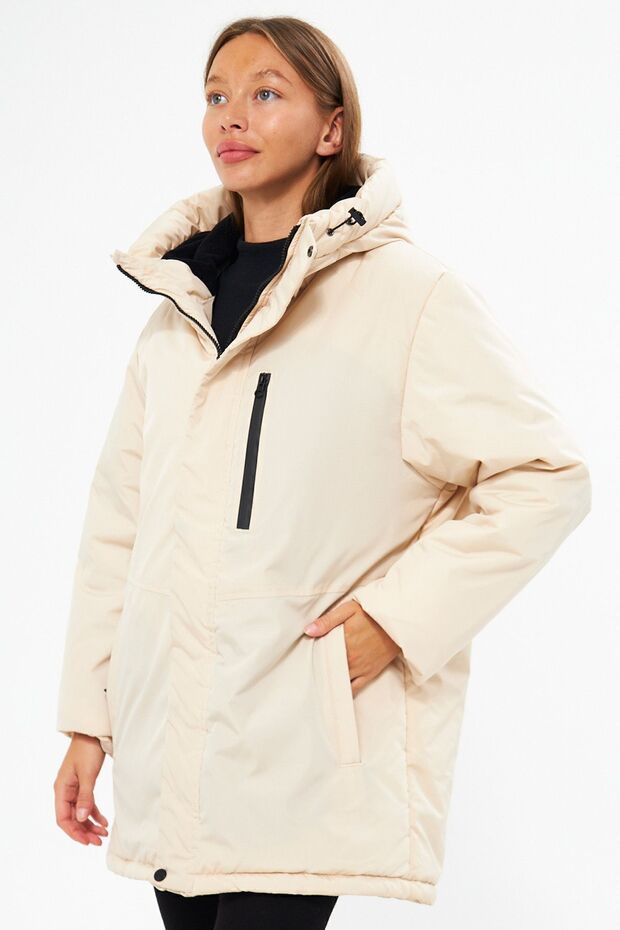 Beiger Damen-Sportmantel – winddicht, mit Kapuze, Winterparka - 3