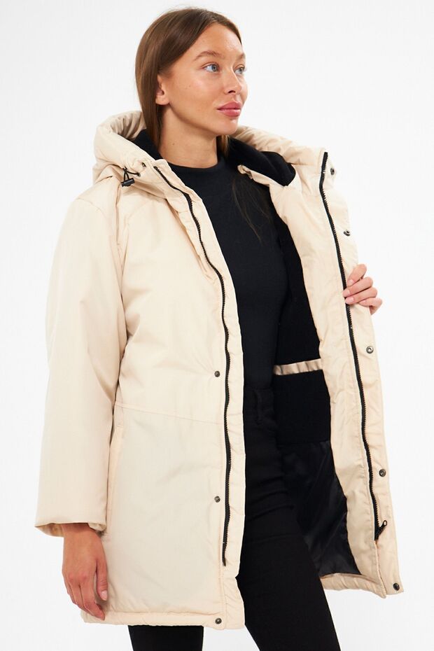 Beiger Damen-Sportmantel – winddicht, mit Kapuze, Winterparka - 7
