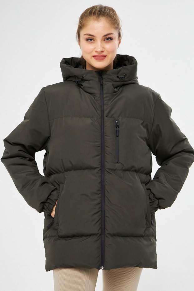 Women's Khaki Fiber Windproof Hooded Inflatable Sports Winter Coats