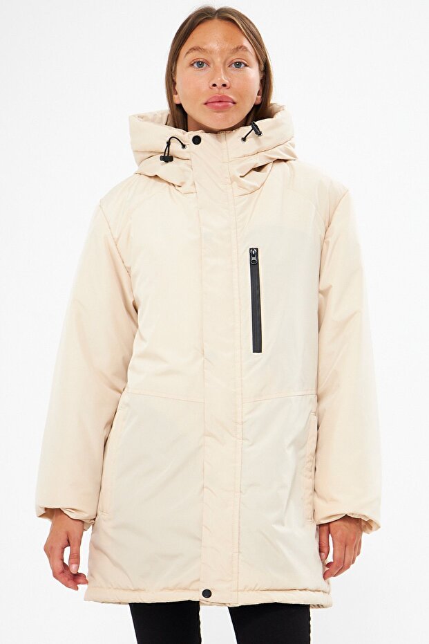 Beiger Damen-Sportmantel – winddicht, mit Kapuze, Winterparka - 1
