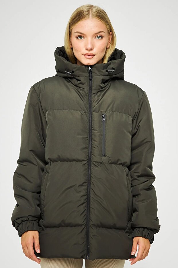 Women's Khaki Fiber Hooded Windproof Inflatable Winter Coat