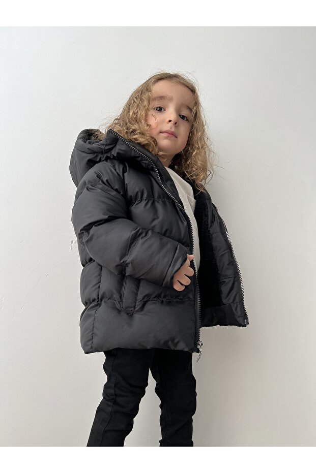 Black Baby Boy Coat with Plush Fur Inside and Stable Hood