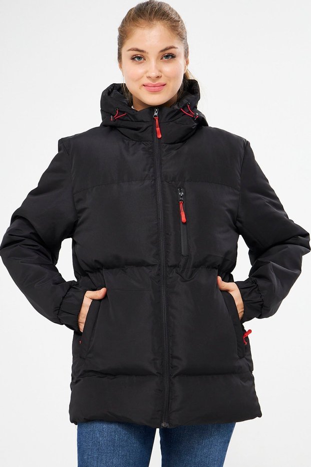 Women's Black Fiber Windproof Hooded Puffer Sports Winter Coat