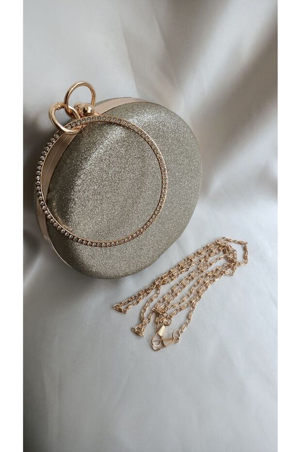 Women's Gold Glitter Textured Round Portfolio Evening Dress Bag