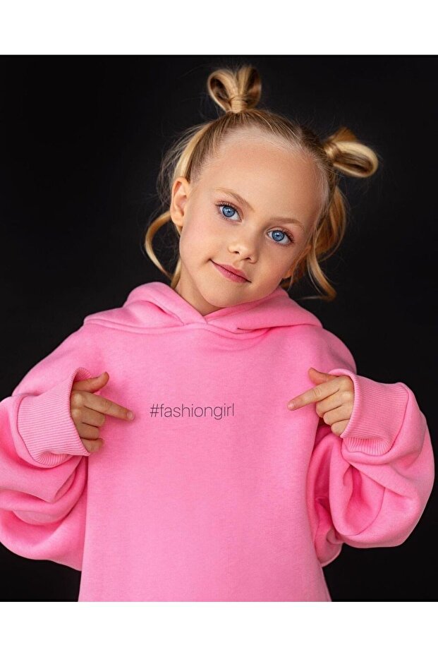 Girl's Embroidered Slogan Bottom Top Set Hooded 3 Thread Raising Pink Color