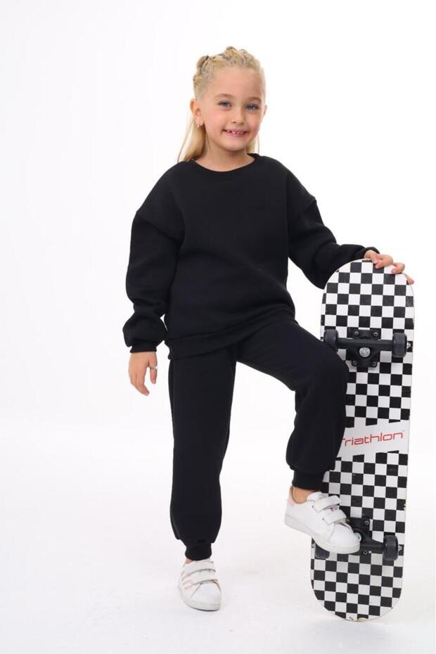 Girl's 3 Thread Ribbed Tracksuit Set Top and Bottom Pink Black Color Comfortable Fit