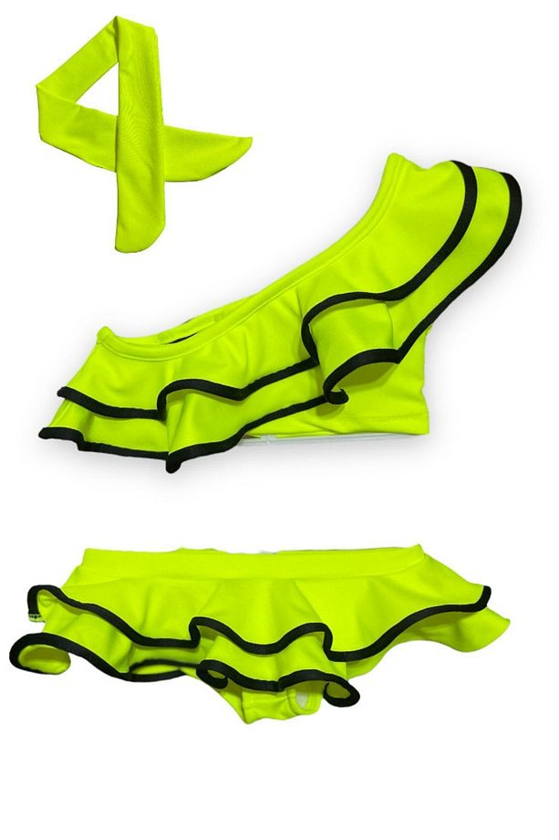 Kız Çocuk Neon Renkler Fosfor Yeşil Renk Tek Omuz Fırfırlı Bikini Takımı+ Saç Bandı Son Moda - 1