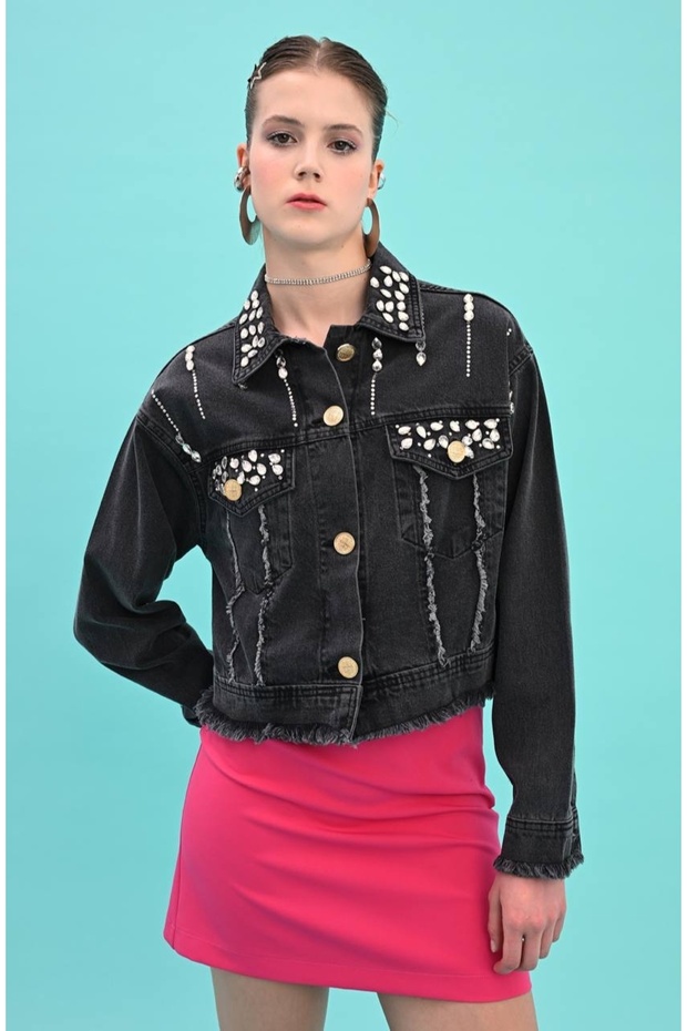 Taş İşlemeli Denim Kot Ceket - 1