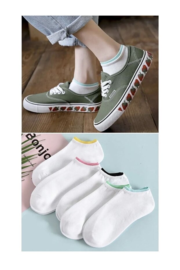 5 Pairs Women Plain White Elastics Colorful Ankle Booties Socks