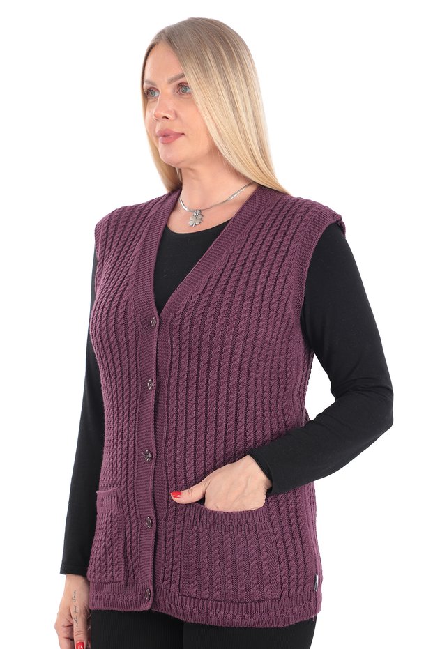Women's V-Neck Winter Thick Woolen Hair Knit Model Knitwear Button Mother Vest with Pockets