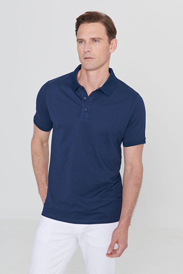 Erkek Açık Lacivert-saks-lacivert 3'lü Çekmeyen Pamuklu Slim Fit Kıvrılmaz Polo Yaka Basic Tişört - 4