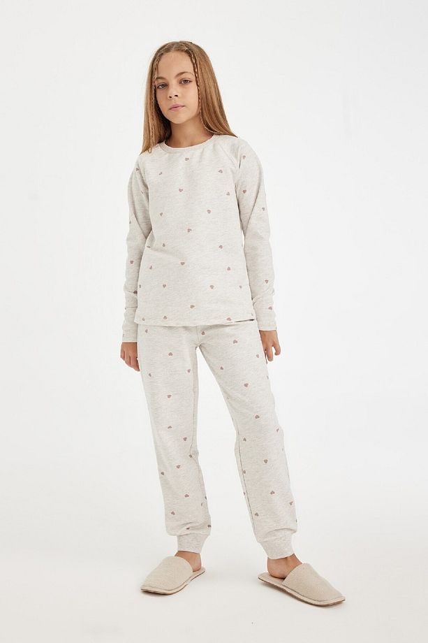 Kız Çocuk Pijama Takımı Kalp Baskılı Bisiklet Yaka Uzun Kollu Üst Uzun Alt D3728a824au - 2