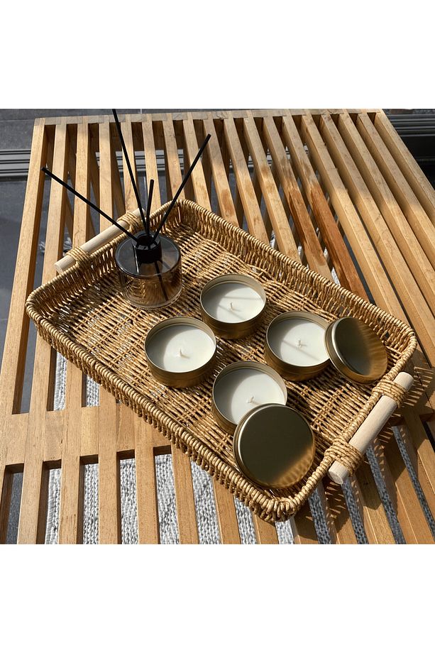 Hasır Rattan Ahşap Kulplu Dikdörtgen Tepsi Sunum 3'lü Set Organizer - 3