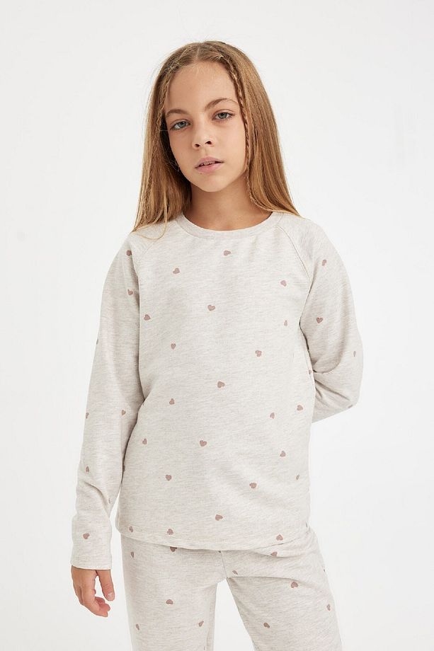 Kız Çocuk Pijama Takımı Kalp Baskılı Bisiklet Yaka Uzun Kollu Üst Uzun Alt D3728a824au - 5