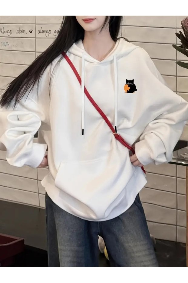 Women's White Logo Cat Printed 3 Thread Hooded Hoodie Sweatshirt
