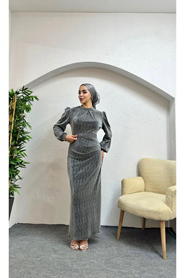 Simli Belden Drapeli Tesettür Abiye - 2