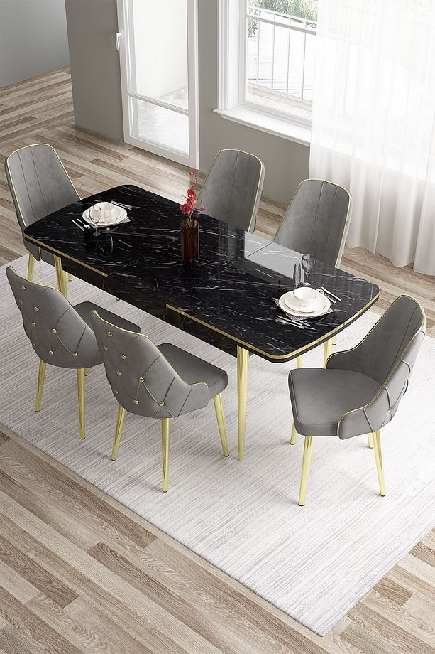 Tia Serisi 80x132 Mdf Açılabilir Siyah Mermer Desen Gold Detay Masa Takımı Ve 6 Gri Sandalye - 2