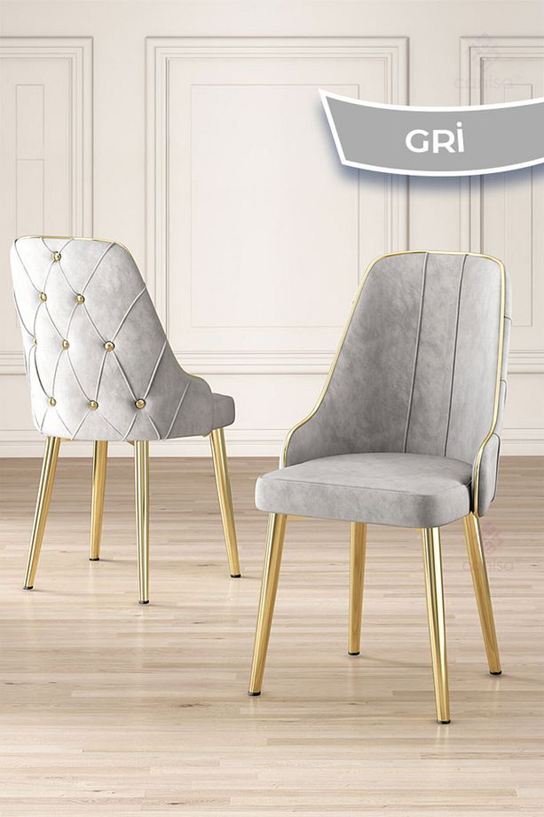 Tia Serisi 80x132 Mdf Açılabilir Siyah Mermer Desen Gold Detay Masa Takımı Ve 6 Gri Sandalye - 5