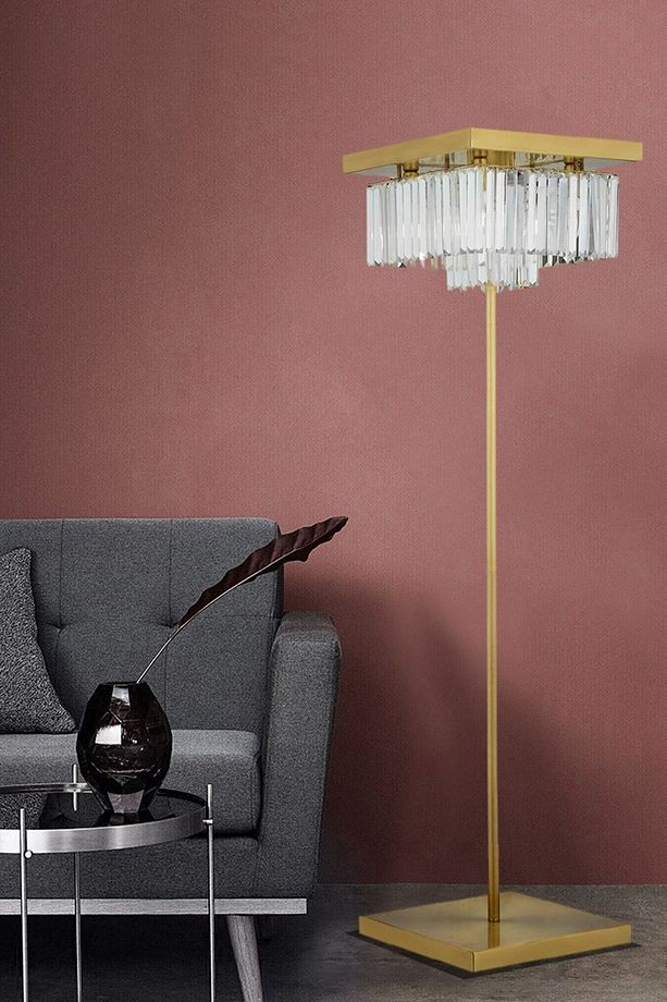 Nilüfer Kare Eskitme Kristal Taşlı Modern Tasarım Metal Lambader - 2