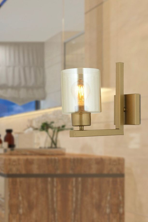 Tasse Eskitme Boyalı Duvar Lambası Yatak Odası-Yatak Başı-Banyo İçin Bal Camlı Modern Aplik - 1
