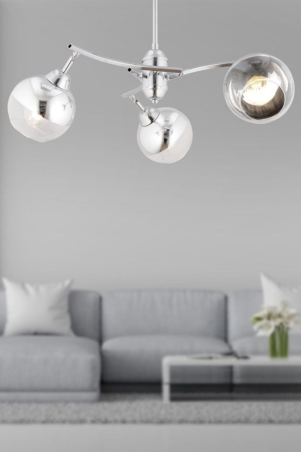 Abbey 3'lü Krom Rengi Krom Camlı Yuvarlak Modern Oturma Odası Spot Salon Avize - 1
