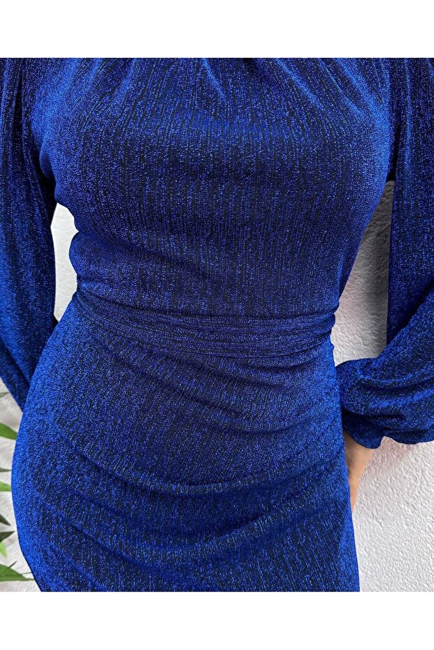 Simli Belden Drapeli Tesettür Abiye - 2