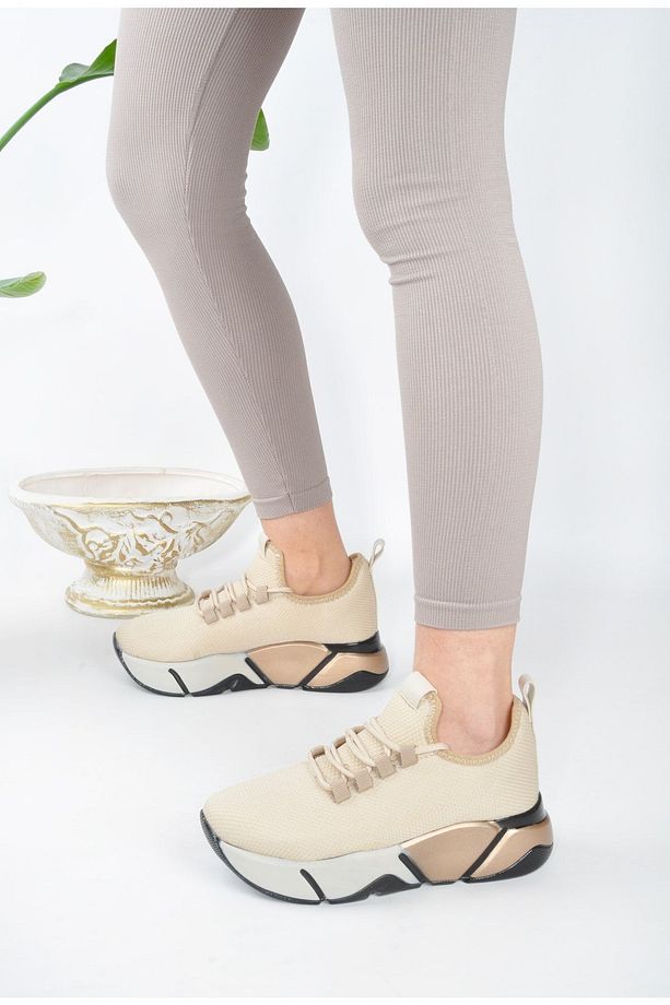 Günlük Bej-multi Kadın Sneaker Bağcıklı Triko Esnek Hafif Ve Kalın Tabanlı Yürüyüş Spor Ayakkabı - 6