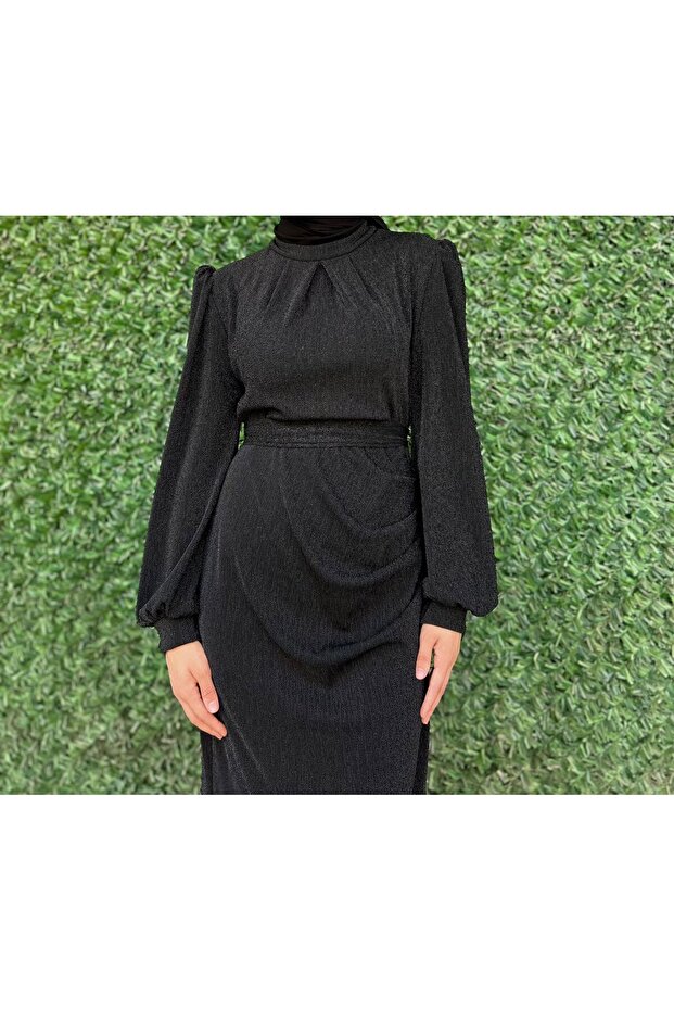 Simli Belden Drapeli Tesettür Abiye - 2