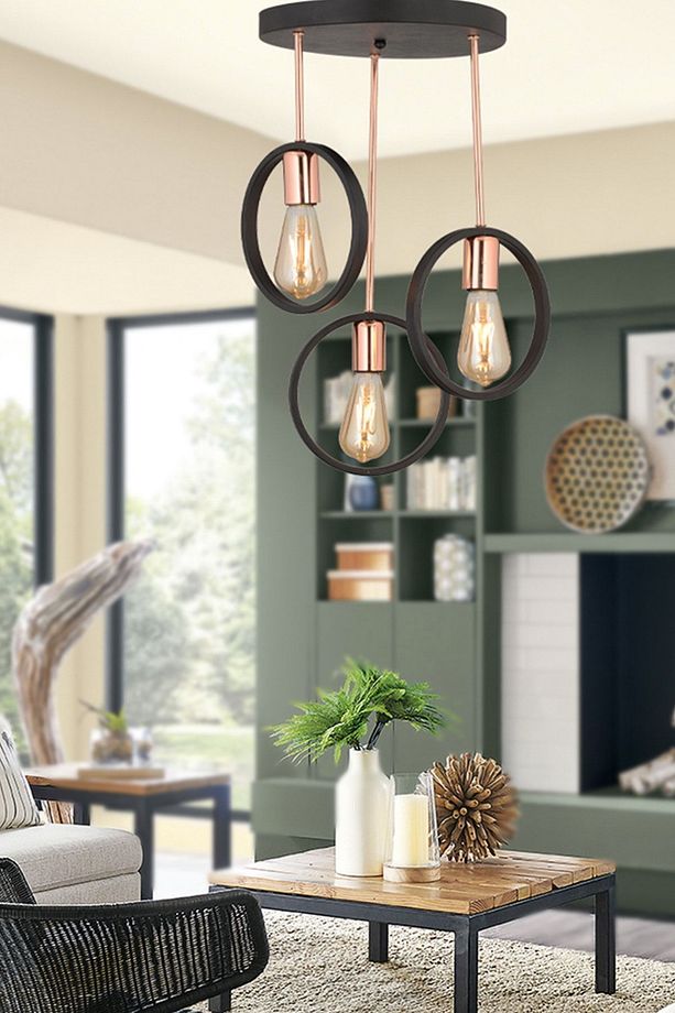 Halka 3Lü Yuvarlak Bakır Siyah Modern Koridor Mutfak Salon Retro Avize - 1