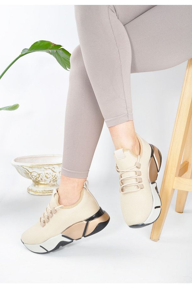 Günlük Bej-multi Kadın Sneaker Bağcıklı Triko Esnek Hafif Ve Kalın Tabanlı Yürüyüş Spor Ayakkabı - 3