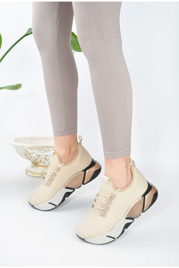 Günlük Bej-multi Kadın Sneaker Bağcıklı Triko Esnek Hafif Ve Kalın Tabanlı Yürüyüş Spor Ayakkabı - 5