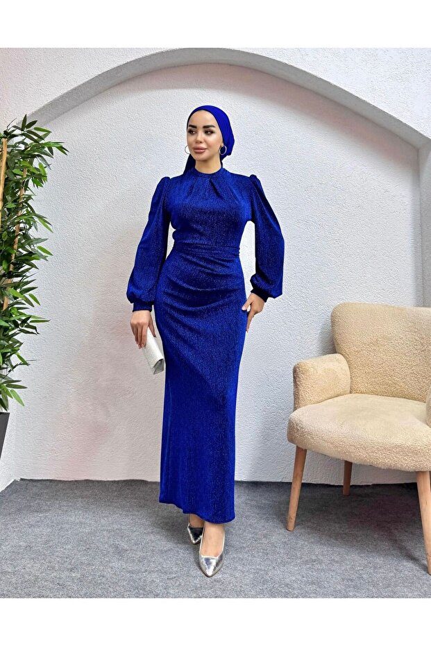 Simli Belden Drapeli Tesettür Abiye - 1