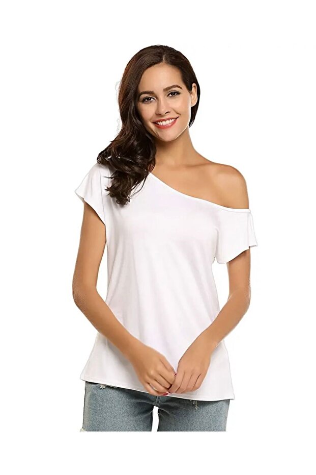Women's One-Shoulder Asymmetrical Cut Viscose Knit Fabric Casual Blouse