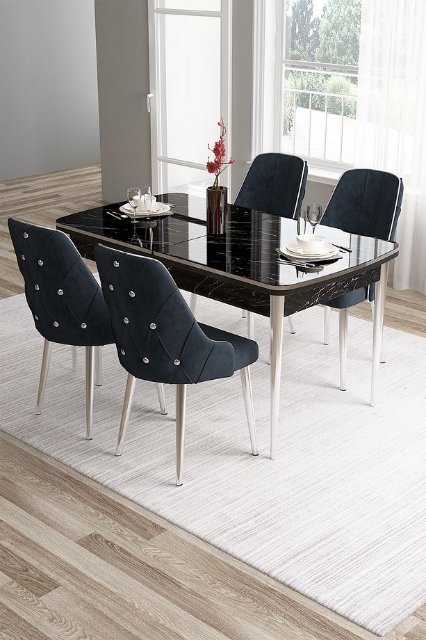 Tia Serisi 80x132 Mdf Açılabilir Siyah Mermer Desen Krom Detay Masa Takımı Ve 4 Antrasit Sandalye - 1