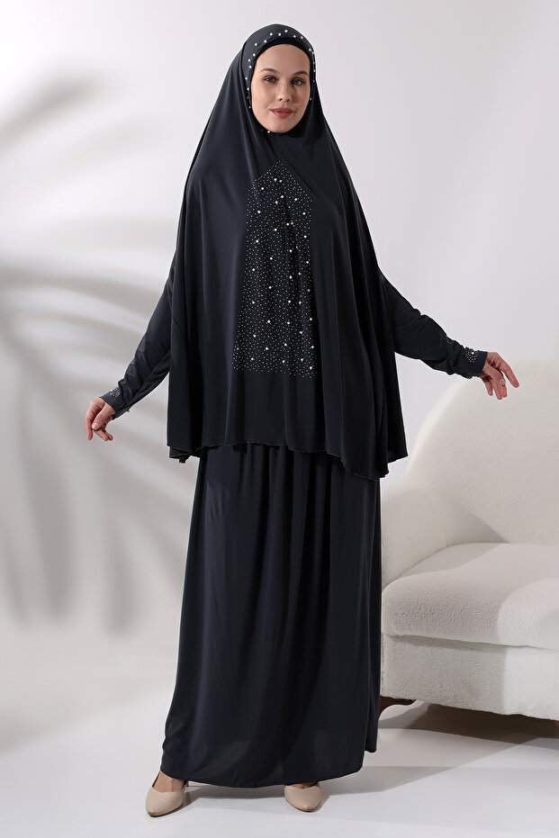 Two Pieces Pearls Jewelled Lower Top Practical Prayer Dress 8017 Anthracite