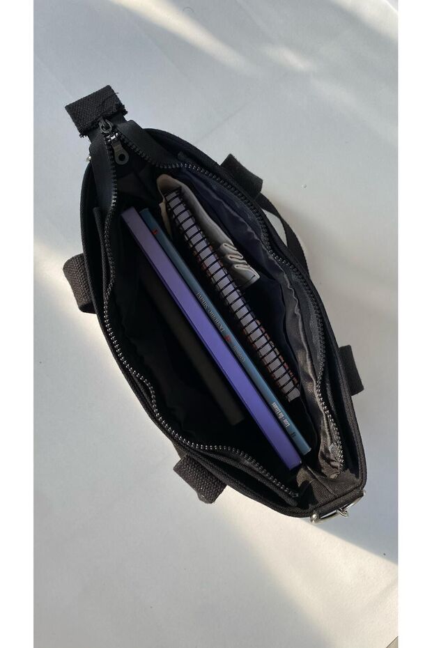 Siyah Kolej Kanvas Çanta - 4