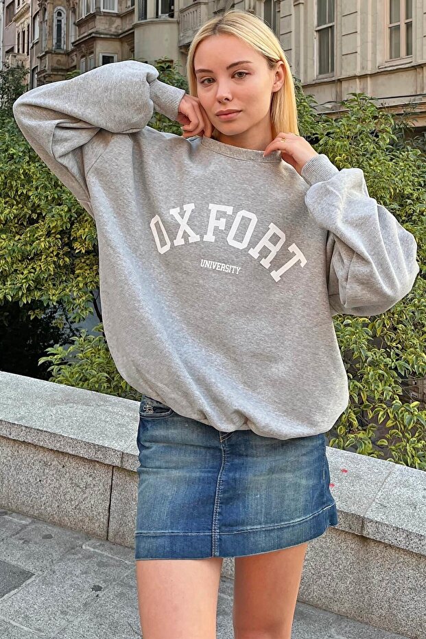 Gray Oxfrt Printed Cotton Women's Sweatshirt