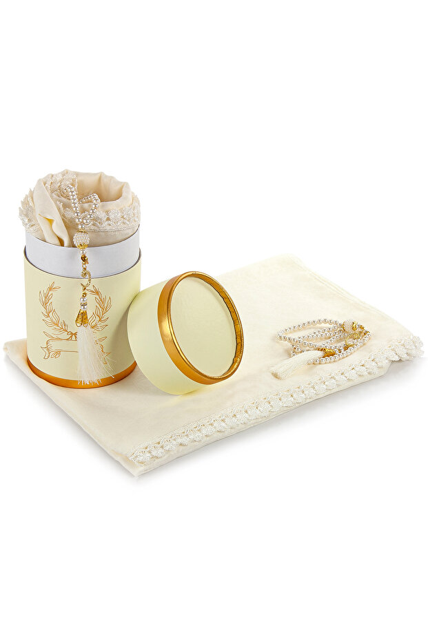 Special Cylinder Boxed Set with Pearl Prayer Beads Tulle Shawl Cream Color