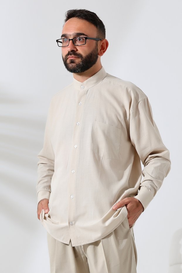 Beige Men's Loose Fit Single Pocket Hakim Collar Hajj and Umrah Linen Shirt